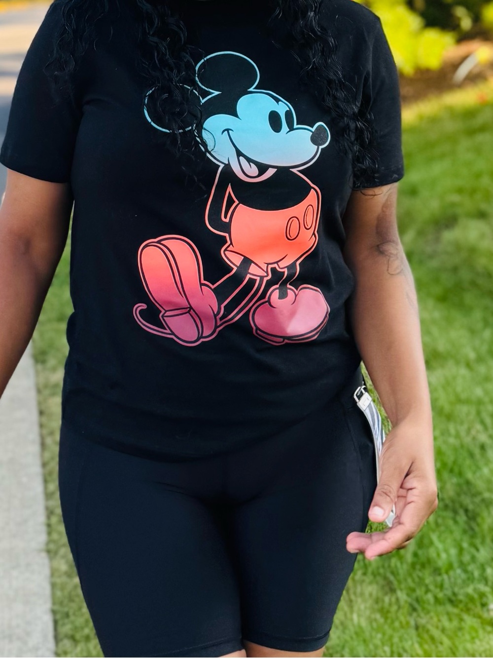 Black Mickey Mouse Graphic Tee with Pink-Orange Gradient Print